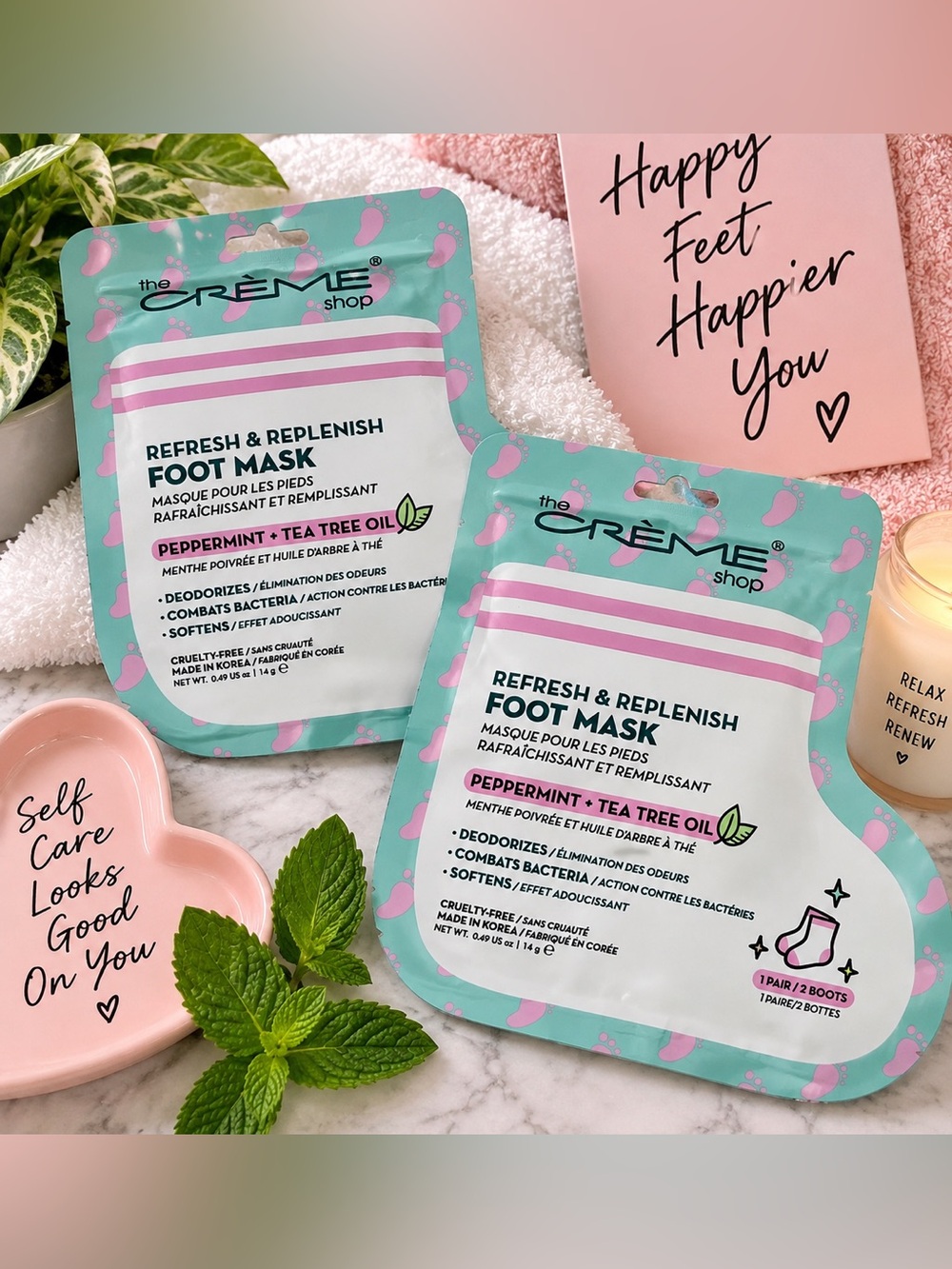 The Crème Shop Refresh & Replenish Foot Mask 2-Pack Peppermint + Tea Tree Oil